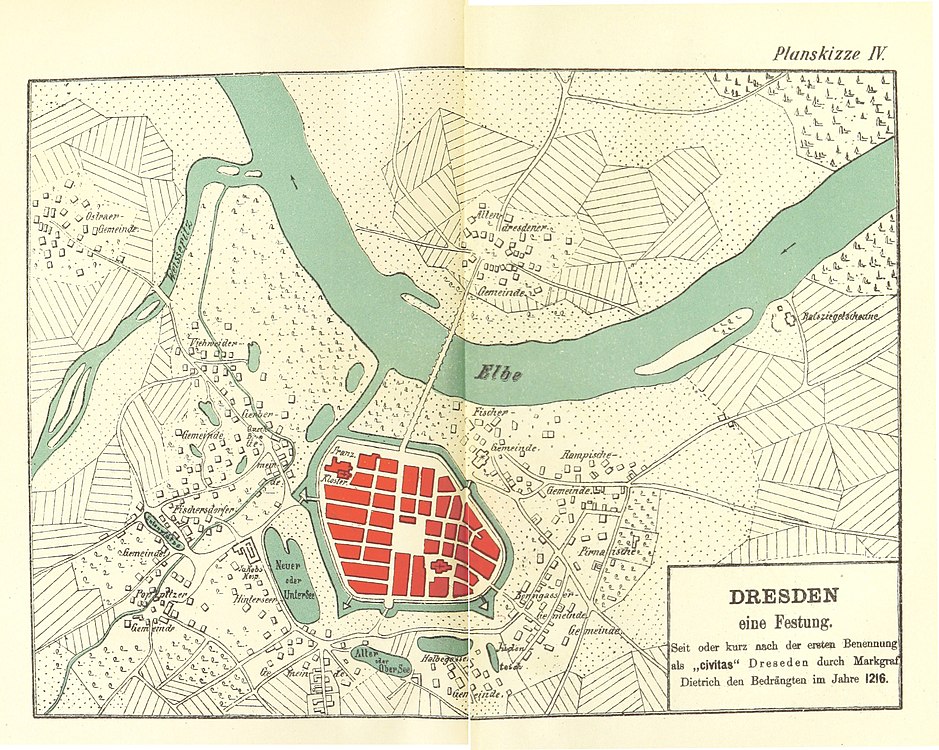 Dresden mit der 1299 ersterwähnten Stadtmauer (laut Fließtext um 1270 - nach Bruno Krause, 1893)[11]