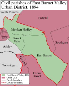 A map of East Barnet Valley Urban District in 1894 East Barnet Valley Civil Parish Map 1894.svg