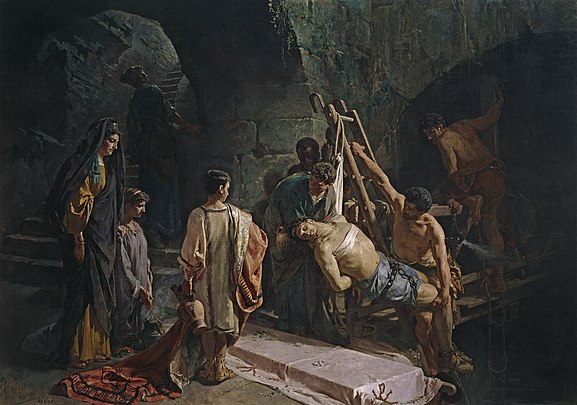 圣巴斯弟盎被罗马帝国皇帝马克西米安处死。他的尸体被扔进了罗马的马克西姆下水道。基督徒重新抬起他的尸体，将他埋葬在罗马的地下墓穴中。（收藏于普拉多博物馆）