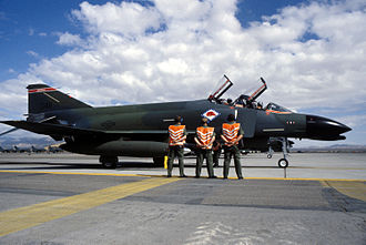 McDonnell F-4C-15-MC Phantom II fighter (s/n 63-7411) of the 188th Tactical Fighter Group, Arkansas Air National Guard, prepares for take-off at Nellis Air Force Base, Nevada (USA), during the "Gunsmoke '85" exercise on 6 October 1985. F-4C Arkansas ANG 1985.jpeg