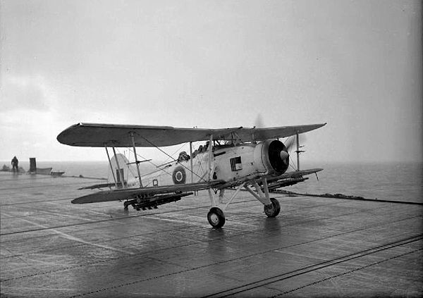 Fairey Swordfish taking off from an escort carrier