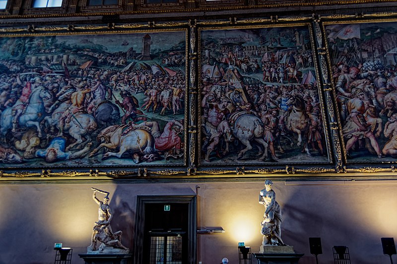 File:Firenze - Florence - Palazzo Vecchio - 1st Floor - Salone dei Cinquecento 1494 - View on the West Wall with huge Battle Frescoes by Vasari & Assistants I.jpg