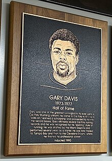 Gary Davis, whose Cal Poly Hall of Fame plaque is shown in 2023, set numerous Mustang rushing records in the 1970s before going on to play four years for Don Shula's Miami Dolphins in the NFL.
