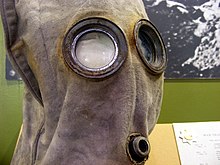 PH-type helmet in Royal Canadian Regiment Museum. It is missing its exhale valve. Gas Mask 1915 RCR Museum.JPG