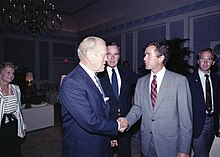 Bush and former President Gerald Ford in August 1984 Gerald Ford greets George W. Bush.jpg