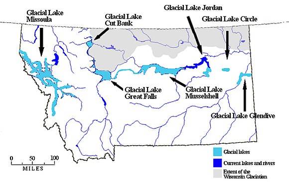 Map of Montana showing Glacial Lake Great Falls