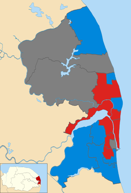 Map of the results of the 2006 Great Yarmouth council election. Conservatives in blue and Labour in red. Wards in grey were not contested in 2006. Great Yarmouth UK local election 2006 map.svg