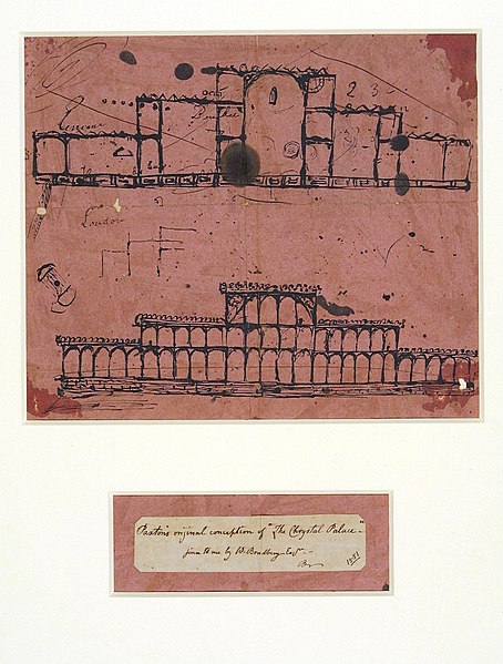 Joseph Paxton's first sketch for the Great Exhibition Building, c. 1850, using pen and ink on blotting paper; Victoria and Albert Museum