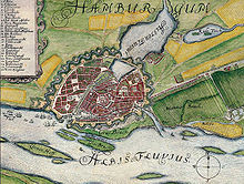 Karte von Hamburg um 1660: Der Durchstich des Grasbrook ist noch ein Neuer Graben, heute stellt er den Verlauf der Norderelbe dar. Die Insel Grevenhof ist ein Teil Steinwerders geworden.