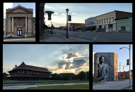 No sentido horário, a partir do canto superior esquerdo: Bank of Hamlet, Main Street, mural do nativo de Hamlet John Coltrane na Vance Street, Hamlet Depot.