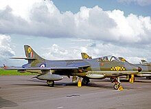 Operational Hawker Hunter F.6 of No. 63 (Shadow) Squadron at its RAF Chivenor base in 1969. Hawker Hunter F.6 XG172 36.229.63Sq CHIV 23.08.69 edited-2.jpg
