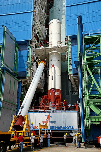 File:Hoisting of one of the Strap-ons of PSLV-C44 during vehicle integration.jpg