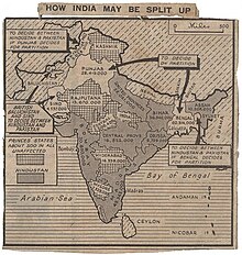 Map speculating on a possible division of India from the Daily Herald newspaper, 4 June 1947. How India be split up (1947).jpg