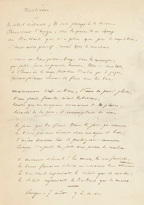 Détail du manuscrit original de Promenades dans les rochers (1843).