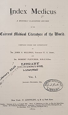 This front page of the first edition of Index Medicus was published in January 1879. Index Medicus 1879.jpg