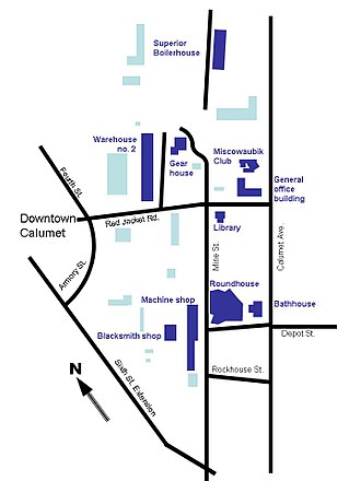 Locations of structures in this historic district. Structures included are in dark blue; other Calumet and Hecla Industrial structures are in light blue. Industrial Calumet.jpg