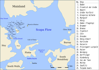 Mapa wskazująca miejsca zatopienia niemieckich okrętów.