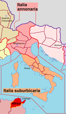 Italia annonaria and Italia suburbicaria dioceses Italia Dioceses in 400 AD.png