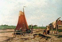 Platbodem op drooggevallen water bij Veere (ca. 1880)