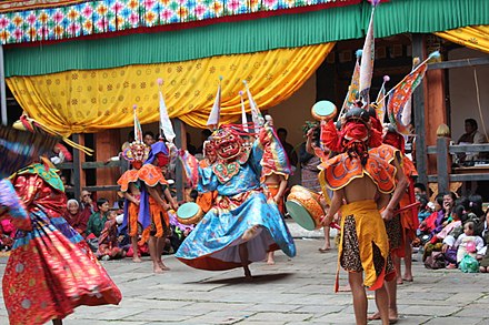 Dzongkhag dancers during a tshechu (religious festival) in Jakar