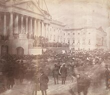 Photograph of James Buchanan's 1857 presidential inauguration at the U.S. Capitol; earliest known inaugural photograph. James Buchanan inauguration 1857.jpg