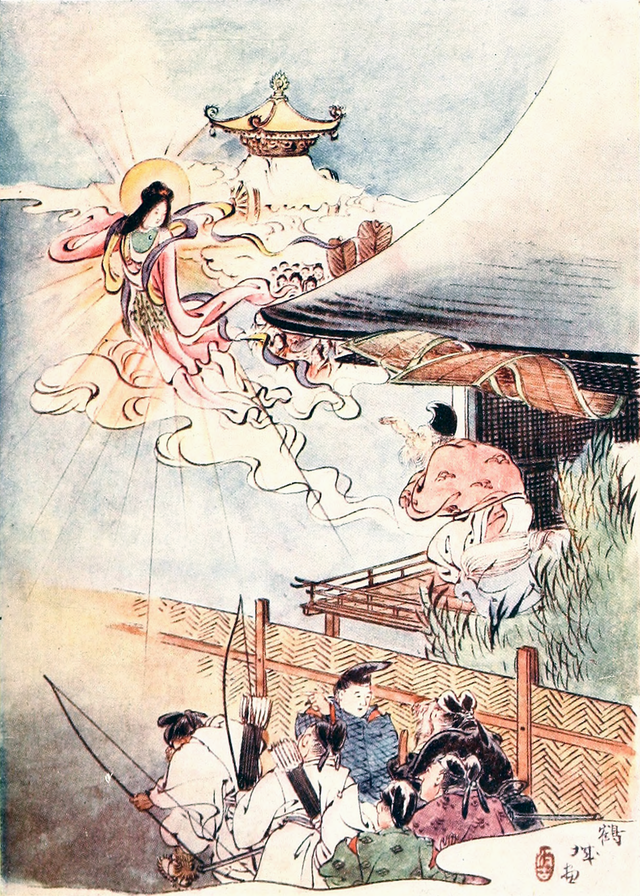A young woman dressed in a pink kimono recedes on towards a palace the sky surrounded by clouds as people on the ground look on.