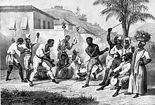 Playing capoeira or war dance, Rio de Janeiro, between 1822 and 1824, by Rugendas Jogar capoera ou danse de la guerre.jpg