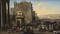 The Campo Vaccino in Rome label QS:Len,"The Campo Vaccino in Rome" label QS:Lfr,"Le Campo Vaccino à Rome" label QS:Lnl,"Het Campo Vaccino te Rome" . 1653. oil on canvas medium QS:P186,Q296955;P186,Q12321255,P518,Q861259 . 110 × 188.5 cm (43.3 × 74.2 in). City of Brussels, Royal Museums of Fine Arts of Belgium.