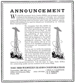 In 1930 KFKA was sold to the Mid-Western Radio Corporation and converted from a non-commercial station to commercial operations. KFKA Greeley, Colorado advertisement (April 21, 1930).gif