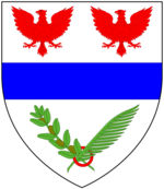 Arms of Kennaway: Argent, a fess azure between two eagles displayed in chief gules and in base through an annulet of the third a slip of olive and another of palm in saltire proper KennawayArms.png