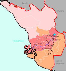 Definition of Klang Valley by parliamentary constituencies (2016 proposed boundaries)

.mw-parser-output .legend{page-break-inside:avoid;break-inside:avoid-column}.mw-parser-output .legend-color{display:inline-block;min-width:1.25em;height:1.25em;line-height:1.25;margin:1px 0;text-align:center;border:1px solid black;background-color:transparent;color:black}.mw-parser-output .legend-text{}
Core Constituencies in the Klang Valley

Constituencies in the Greater Klang Valley (including the Rawang and Langat River Valley)

Sometimes included (for TV and radio broadcasting)
Course of the Klang River is shown in blue. Klang Valley definition.svg