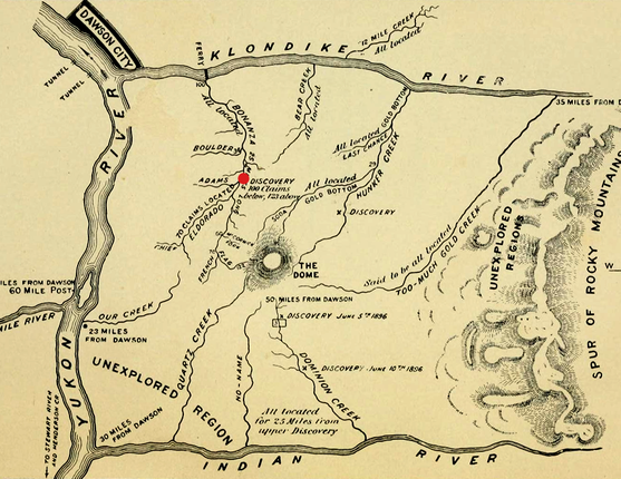 Карта золотих ділянок біля з Доусон-Сіті і річкою Клондайк. Червоною міткою позначена ділянка Джорджа Кармака.