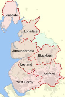 The hundreds of historic Lancashire, showing Lonsdale in two parts, separated by Morecambe Bay. The green outline shows the 1974 administrative Lancashire. Lancashire hundreds labelled.png