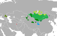 Mongolikielten levinneisyys; mogolin puhuma-alue punaisella