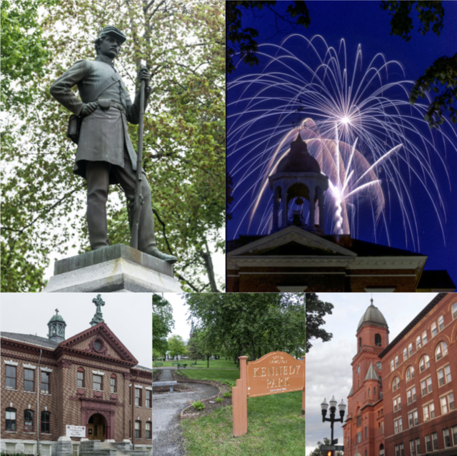 Estátua do Memorial da Guerra Civil, Hathorn Hall na Bates College, Wallace School, Kennedy Park e Prefeitura de Lewiston