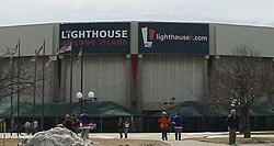 Banners displayed along the outside of Nassau Veterans Memorial Coliseum in 2009, promoting the Lighthouse Project Lighthouse Banners.JPG