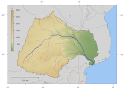 Topografisk karta över Limpopos tillrinningsområde.