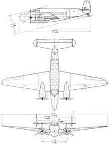 3-view drawing of the Lockheed Model 14 Super Electra Lockheed 14 Super Electra 3-view line drawing.png