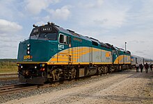 The EMD F40PH-2 is the mainstay of Via's road fleet. Locomotives 6413 and 6446 pulling the La Canadian (8032807432).jpg