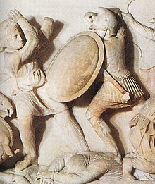 Détail du sarcophage d'Alexandros montrant un phalangite macédonien combattant un Perse à la bataille d'Issos