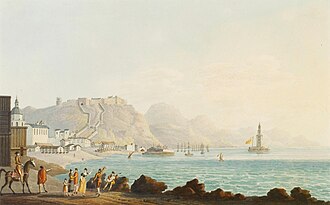 His painting of Malaga's bay and castle near Churrana Malaga, the bay and castle 6 miles distant taken from near Churrana by Thomas Staunton.jpg