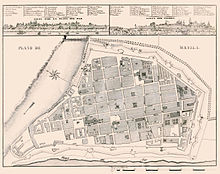 Map of the walled city of Intramuros in Manila with elements of colonial planning called Laws of the Indies present Manila 1851.jpg