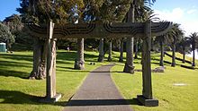 A Māori carved gate at Winstone Park on the road to Puketāpapa/Mount Roskill