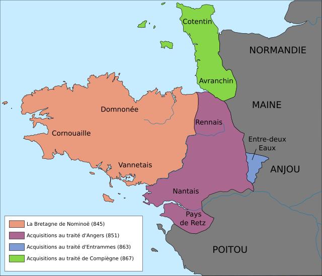 Groei van het koninkrijk Bretagne vanaf 845, paars 851, blauw 863, groen 867