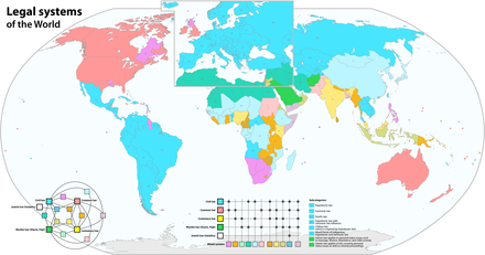 Colour-coded map of the legal systems around the world, showing civil, common law, religious, customary and mixed legal systems.[80] Common law systems are shaded pink, and civil law systems are shaded blue/turquoise.