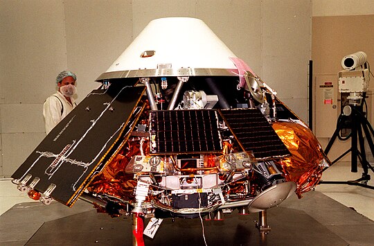 The Polar Lander under construction in the NASA lab Mars Polar Lander undergoes testing.jpg