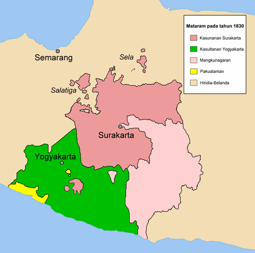The realm of Yogyakarta Sultanate (green) in 1830