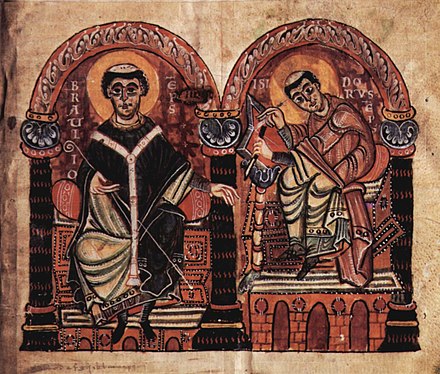 Isidore (right) and Braulio (left) in an Ottonian illuminated manuscript from the 2nd half of the 10th century