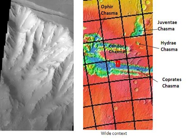 Melas Chasma, as seen by THEMIS. Click on image to see relationship of Melas to other features.