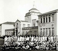 The original Spanish Colonial Revival style campus, built in 1922 and demolished in 1974. Merced Union High (original Spanish Colonial Revival campus) (cropped).jpg